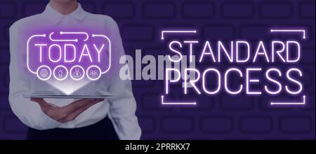 Visualizzazione concettuale regole di elaborazione standard create per essere abbinate alla qualità finale del prodotto. Parole scritte su regole fatte per essere abbinate alla qualità del prodotto finale Foto Stock