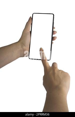 un telefono cellulare in mano femminile su sfondo trasparente Foto Stock