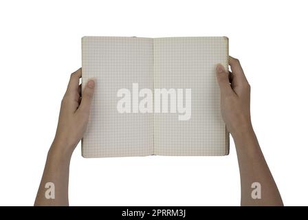 un quaderno bianco quadrato in mani femminili su uno sfondo trasparente Foto Stock
