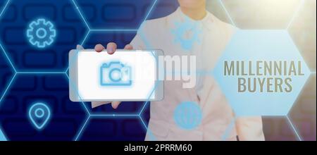 Didascalia di testo che presenta acquirenti Millennial tipo di consumatori interessati ai prodotti di tendenza. Parola per tipo di consumatori interessati ai prodotti di tendenza Foto Stock