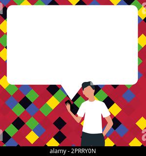 Disegno del presentatore con la bolla di conversazione che mostra il nuovo annuncio. Foto Stock