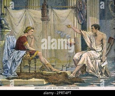 ARISTOTELE (384-322 a.C.) filosofo greco a destra insegnando Alessandro il Grande in un'illustrazione del 18th ° secolo Foto Stock