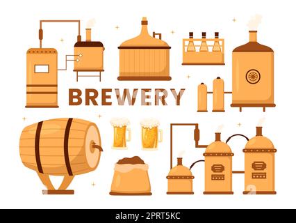 Processo di produzione della birreria con serbatoio e bottiglia di birra pieno di alcool per la fermentazione in Cartoon piano modelli disegnati a mano Illustrazione Foto Stock