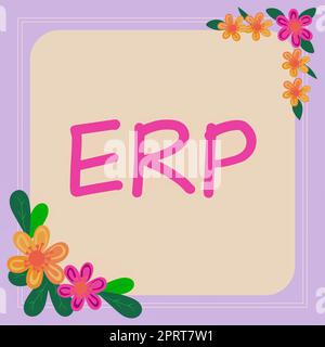 Scrittura visualizzazione del testo ERP, concetto che significa pianificazione delle risorse aziendali database centralizzato per i processi aziendali frame con foglie e fiori Ar Foto Stock