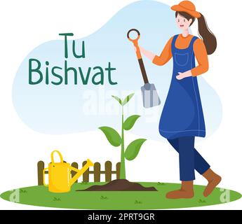 Tu BiShvat Template Hand Drawed Cartoon Flat Illustrazione Blooming Tree with Objects of Seven Species of Fruits on White background Design Illustrazione Vettoriale