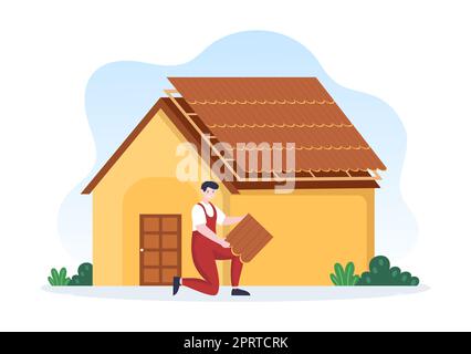 Costruzione di tetti Template disegnata a mano Cartoon Flat Illustrazione con ristrutturazione Housetop, fissaggio tetto Tile House e Roof Reconstruction Foto Stock