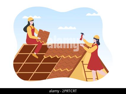 Costruzione di tetti Template disegnata a mano Cartoon Flat Illustrazione con ristrutturazione Housetop, fissaggio tetto Tile House e Roof Reconstruction Foto Stock