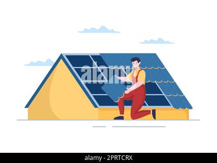 Costruzione di tetti Template disegnata a mano Cartoon Flat Illustrazione con ristrutturazione Housetop, fissaggio tetto Tile House e Roof Reconstruction Foto Stock