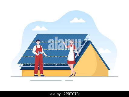 Costruzione di tetti Template disegnata a mano Cartoon Flat Illustrazione con ristrutturazione Housetop, fissaggio tetto Tile House e Roof Reconstruction Foto Stock