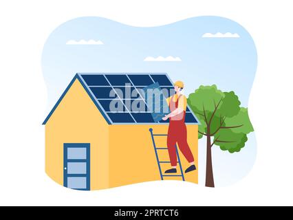 Costruzione di tetti Template disegnata a mano Cartoon Flat Illustrazione con ristrutturazione Housetop, fissaggio tetto Tile House e Roof Reconstruction Foto Stock