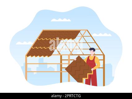 Costruzione di tetti Template disegnata a mano Cartoon Flat Illustrazione con ristrutturazione Housetop, fissaggio tetto Tile House e Roof Reconstruction Foto Stock