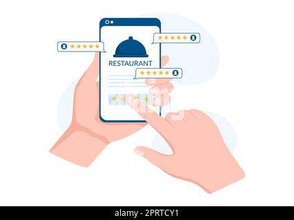 Modello di revisione delle valutazioni dei ristoranti Illustrazione cartoon Flat disegnata a mano con feedback dei clienti, voto a stella, parere di esperti e sondaggio online Foto Stock