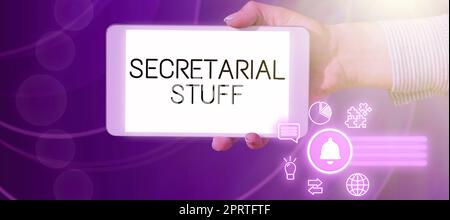 Testo che mostra ispirazione segretariale StuffSecretary effetti personali di proprietà di un assistente personale. Notizie scritte sugli effetti personali del Segretario cose di proprietà di un assistente personale Foto Stock