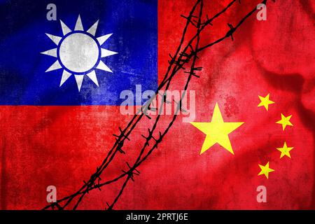 Bandiere di grunge di Taiwan e Cina diviso per l'illustrazione del filo di chiatta, concetto di relazioni tese tra Taiwan e Cina Foto Stock