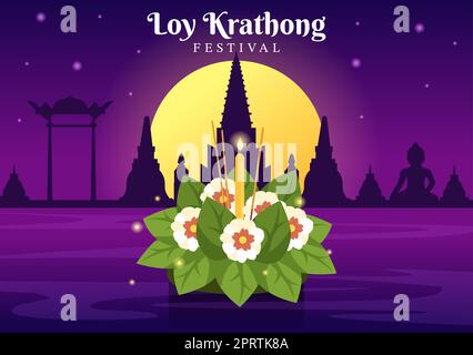 Festival di Loy Krathong Celebration in Thailandia Template Hand Drawed Cartoon Flat Illustration with Lanterns and Krathongs Floating on Water Design Foto Stock