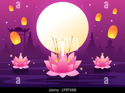 Festival di Loy Krathong Celebration in Thailandia Template Hand Drawed Cartoon Flat Illustration with Lanterns and Krathongs Floating on Water Design Foto Stock