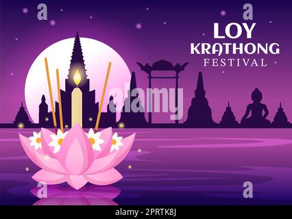 Festival di Loy Krathong Celebration in Thailandia Template Hand Drawed Cartoon Flat Illustration with Lanterns and Krathongs Floating on Water Design Foto Stock