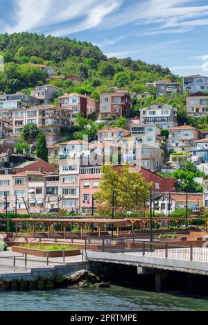 Vista dal mare delle verdi montagne di Rumeli Kavagi, sul lato europeo dello stretto del Bosforo, con case tradizionali e alberi densi in un summ Foto Stock