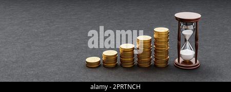 Rising heaps of Golden Coins on Dark background with Classic Wooden Hourglass 3D Render Illustration with Copy Space, Investment Concept Foto Stock
