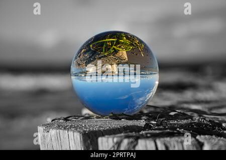 globo di vetro sulla spiaggia del mar baltico. Foto Stock