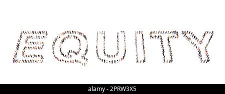 Concetto o grande comunità concettuale di persone che formano la parola EQUITÀ. 3d metafora illustrativa per pari diritti, giustizia, tolleranza e solidarietà Foto Stock