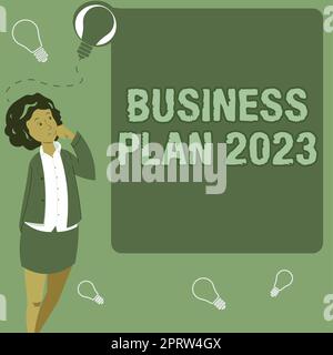 Firma la visualizzazione di Business Plan 2023Challenging idee e obiettivi aziendali per il nuovo anno. Parola scritta su idee e obiettivi aziendali impegnativi per il nuovo anno Foto Stock