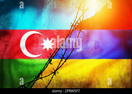 Bandiere grunge di Azerbaigian e Armenia divise per illustrazione filo portagomma vista foschia solare Foto Stock