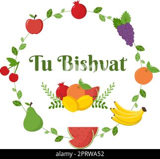 Tu BiShvat Template Hand Drawed Cartoon Flat Illustrazione Blooming Tree with Objects of Seven Species of Fruits on White background Design Illustrazione Vettoriale