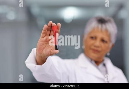 La sua ricerca salverà vite umane. Una scienziata femminile anziana che lavora nel suo laboratorio. Foto Stock