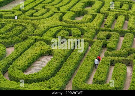 I visitatori navigano nel Labirinto Borges o nel Memorial Maze della Finca Los Alamos, San Rafael, Argentina. Foto Stock