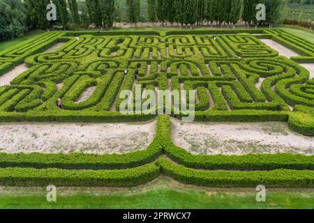 I visitatori navigano nel Labirinto Borges o nel Memorial Maze della Finca Los Alamos, San Rafael, Argentina. Foto Stock