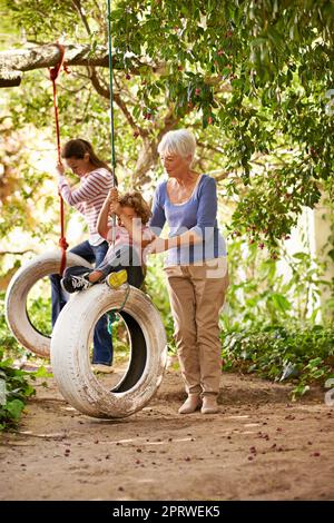 Dammi più velocemente. Scatto a tutta lunghezza di una donna anziana che spinge i suoi nipoti sulle altalene fuori. Foto Stock