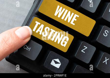 Scrittura del testo degustazione del vino, idea di affari Degustation alcool sociale di riunione Gourmet Winery bere Foto Stock