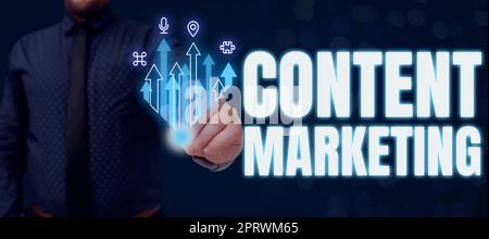 Testo che mostra ispirazione Content MarketingInvolve la creazione e la condivisione di materiale online. Word Written On comporta la creazione e la condivisione di materiale online Foto Stock
