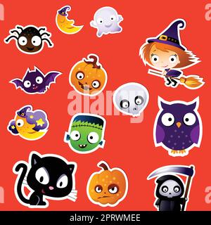 Halloween colorato divertente adesivi decorazione illustrazione set Illustrazione Vettoriale