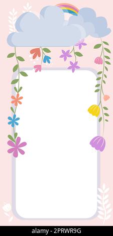 Inquadra con arcobaleno, foglie e fiori dalle nuvole e annunci importanti all'interno. Framework con diversi impianti in tutto e Crutial Information in. Foto Stock