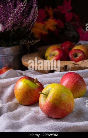 Mele mature appena raccolte su un tavolo Foto Stock