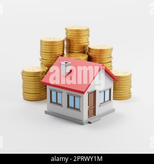 Casa davanti a pile di monete su sfondo grigio chiaro Foto Stock