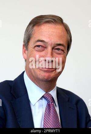 Londra, Regno Unito. 07th maggio, 2019. Nigel Farage, leader del partito Brexit, tiene una conferenza stampa presso la Foreign Press Association di Londra. (Foto di Fred Duval/SOPA Images/Sipa USA) Credit: Sipa USA/Alamy Live News Foto Stock