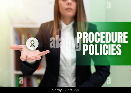 Procedure per la firma a mano procedure procedure procedure procedure procedure procedure per i principi guida regole e regolamenti. Fasi della vetrina aziendale per la guida dei principi delle regole e delle normative Foto Stock