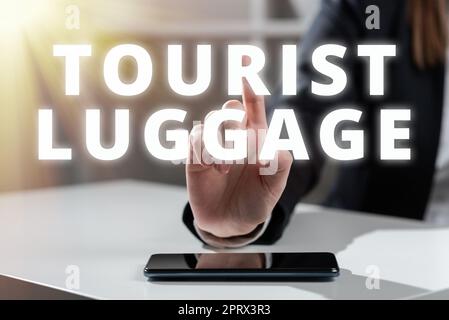 Cartello riportante la borsa Tourist Luggagebig che contiene tutto ciò di cui si ha bisogno per viaggiare. La parola per una borsa grande che contiene tutto ciò di cui si ha bisogno per viaggiare Foto Stock