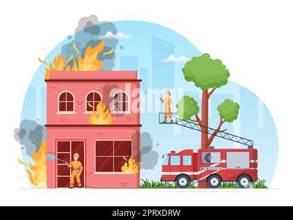 Vigili del fuoco con vigili del fuoco che estinguono la casa, la foresta e aiutare le persone in varie situazioni in Cartoon piano disegnato a mano Illustrazione Foto Stock