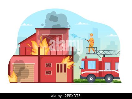 Vigili del fuoco con vigili del fuoco che estinguono la casa, la foresta e aiutare le persone in varie situazioni in Cartoon piano disegnato a mano Illustrazione Foto Stock