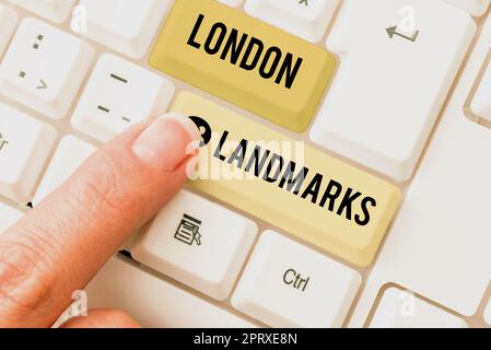 Insegna che mostra i punti di riferimento di Londra, i punti di riferimento più iconici del Business Concept e le attrazioni di Londra da vedere Foto Stock