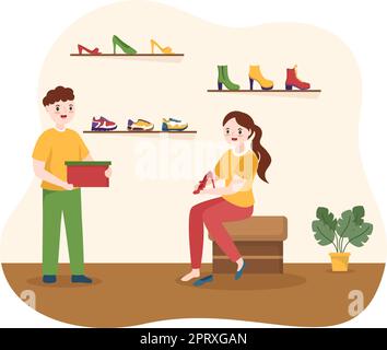 Negozio di scarpe con nuova collezione uomo o donna vari modelli o colori di sneakers e High Heels in Cartoon piatto modelli disegnati a mano Illustrazione Illustrazione Vettoriale