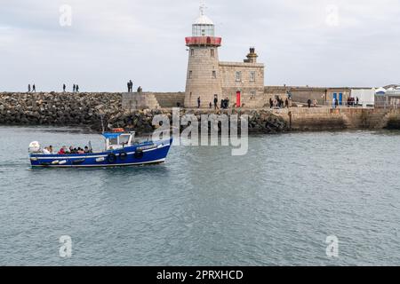 Vigilia di Chrsitmas - Ireland's Eye Ferry passando il faro sul Molo Est entrando nel Porto, Howth, Dublino, Irlanda Foto Stock