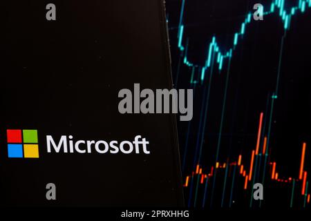 Prezzo delle azioni Microsoft sul mercato commerciale con grafico sul logo aziendale visualizzato sullo smartphone. Foto Stock