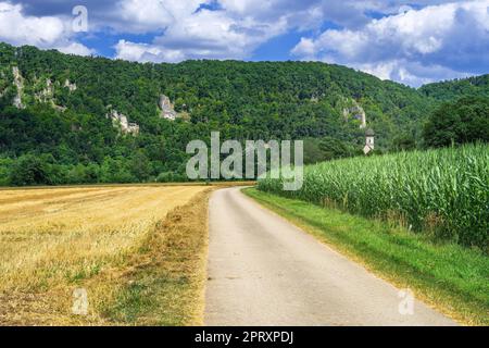 Strada di campagna attraverso la valle dell'Altmuehltal (Baviera, Germania) Foto Stock