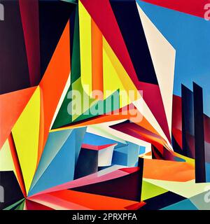 Un'opera d'arte eclettica, sfondo colorato, stile d'arte cubista. Pittura, supporti misti. Foto Stock