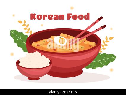 Korean Food Set Menu di varie specialità tradizionali o nazionali deliziosa cucina piatto in Cartoon piano modelli disegnati a mano Illustrazione Foto Stock